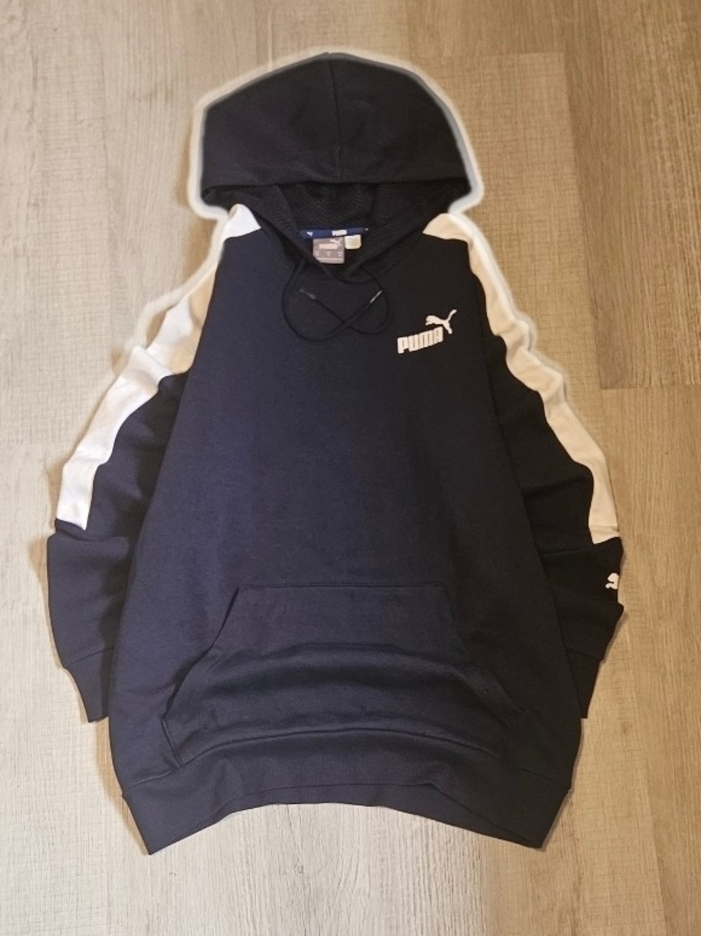 Puma Men’s Medium Navy Hoodie with White Shoulder Stripes